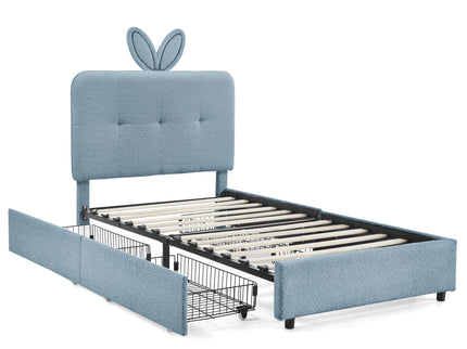 Upholstered Bed With Oversized Rabbit Ear Headboard, LED Lights & 4 Storage Drawers