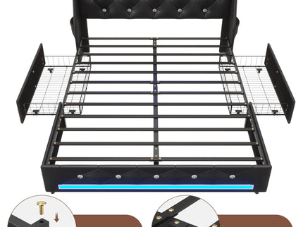 Wingback Upholstered Bed Frame With LED Lights, Charging Station