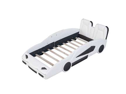 Race Car Shaped Twin Platform Bed With Wheels, Pine Wood Construction