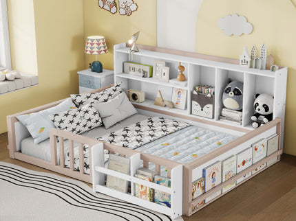 Platform Bed Frame With Guardrail, Storage Shelves & Bookshelf