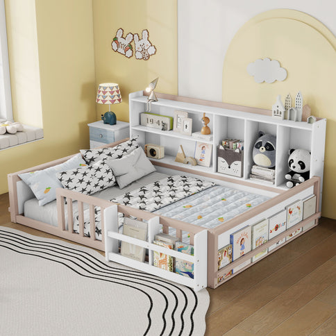 Platform Bed Frame With Guardrail, Storage Shelves & Bookshelf