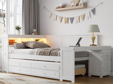 Daybed With Storage Shelves, Drawers, Trundle, Charging Station, LED Light, Desk And Cabinet