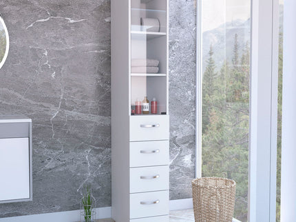 Linen Cabinet, 3 Shelves, 4 Drawers And Metal Handles - White