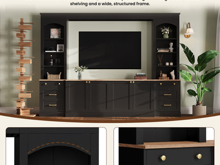 Arched Entertainment Center Wall Unit With Bookshelf, Retro Large TV Stand