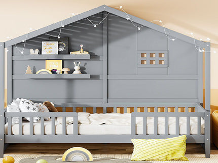 House Bed With Shelves, Window And Sparkling Light Strip On The Roof