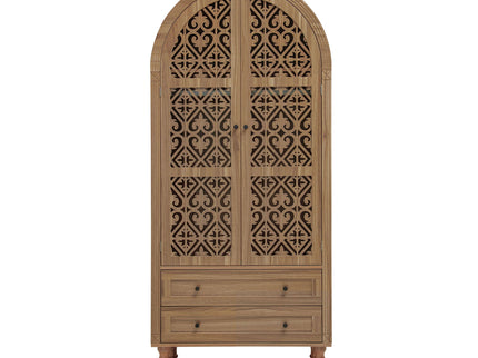 Tall Kitchen Pantry Cabinet With Hollow Carved Doors 2 Drawers And Adjustable Shelves Storage Display Cabinet For Kitchen Dining Room Or Living Room - Walnut
