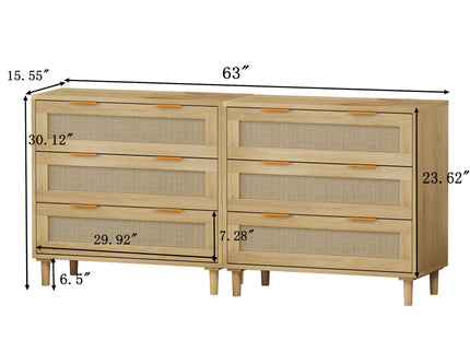 3 Drawers Rattan Storage Cabinet Rattan Drawer, For Bedroom, Living Room, Dining Room, Hallways (Set of 2) - Oak