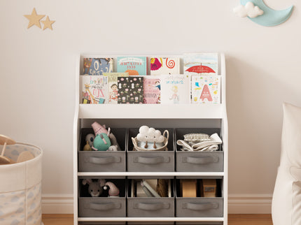 Bookshelf With 6 Storage Bins, Multi Functional Children's Bookcase And Toy Organizer - White