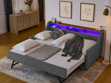 Upholstered Sofa Bed With LED Lights, Storage Headboard, Foldable Trundle & Wireless Charging