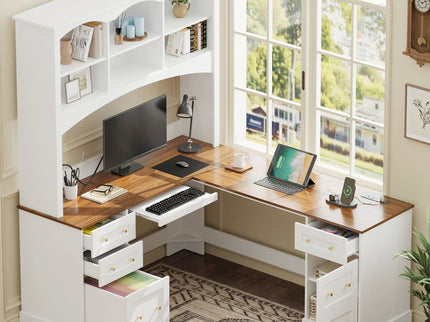 Space Saving L-Shaped Computer Desk With Keyboard Tray & Charging Stations