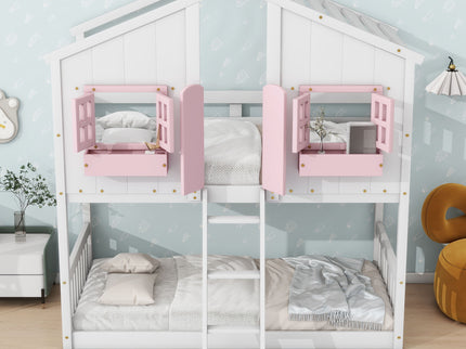 House Bunk Bed With Roof, Window, Window Box, Door, With Safety Guardrails And Ladder