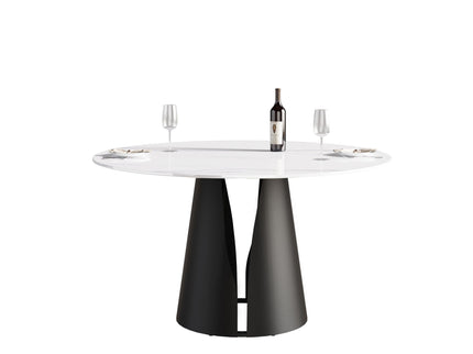 53.15" Modern Artificial Stone Round Carbon Steel Base Dining Table, Can Accommodate 6 People - White / Black