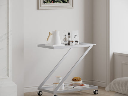 Modern Z Shaped Bar Cart With Tempered Glass Shelves - Silver
