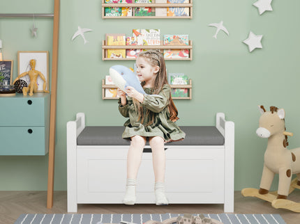 Kids Toy Box Chest Storage Cabinet With Cushion Seat Bench Flip Top Lid Safety Hinge - White