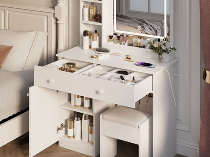 Fashion Vanity Desk With Mirror And Adjustable Lights, Makeup Table Set With 2 Drawers - White