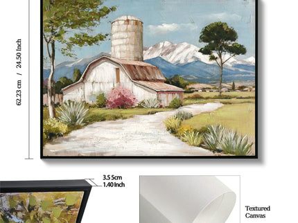 Framed Canvas Wall Art Beautiful Field Painting Wildflower Barn Print Nature Scenery Picture For Home - Blue / Pink