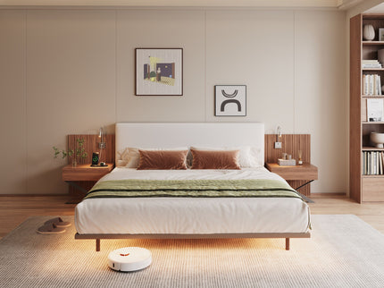 Floating King Size Bed With Integrated Side Tables And Smart Lighting - Beige Gray / White