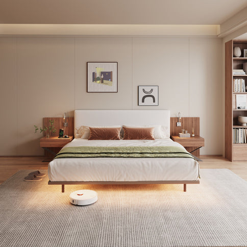 Floating King Size Bed With Integrated Side Tables And Smart Lighting - Beige Gray / White