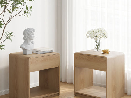 Bedside Table Set With Storage Drawers And Open Shelves, Compact With Rounded Corners (Set of 2) - Oak