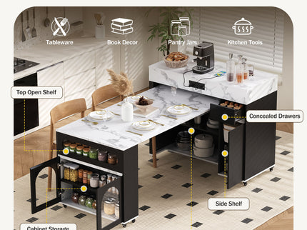 Extendable Dining Table With Folding Top, Rolling Kitchen Island With Drawers And Power Outlet