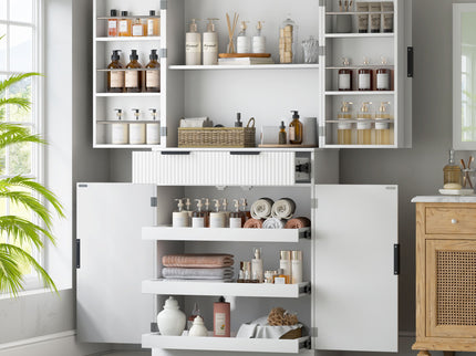 Fluted Kitchen Pantry Cabinet With 3 Keyboard Drawers & 6 Adjustable Door Shelves