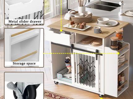 Modern Style 2 In 1 Pet Friendly Dog Crate Kitchen Island End Table Metal Pine - Natural / White