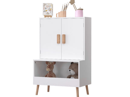 Toy Storage Cabinet With Doors And Open Shelf, Toddler Bookshelf For Playroom - White