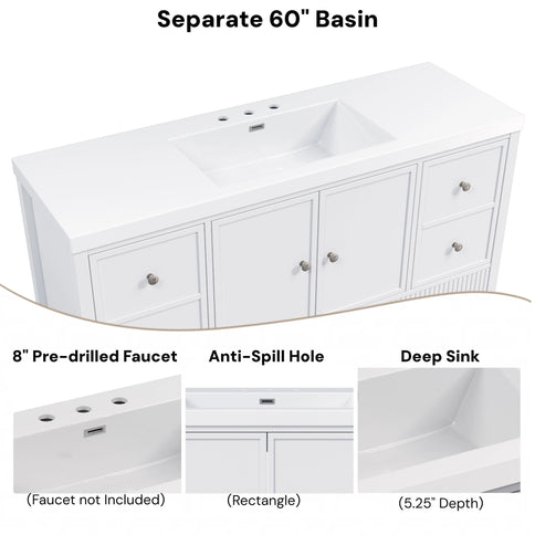 Bathroom Vanity With Separate Sink, Soft Close Doors And 4 Drawers