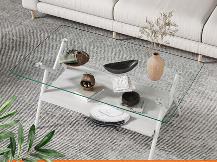Rectangle Coffee Table With Tempered Glass Top And Shelf