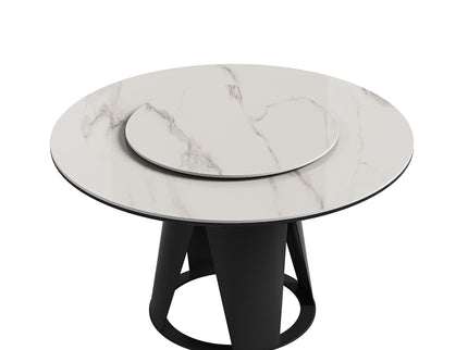 Modern Sintered Stone Dining Table With Round Turntable And Metal Pedestal - White