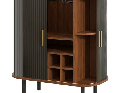 Fluted Wine Bar Cabinet With 8 Grid Wine Rack, 5 Level Adjustable Shelves, 2 Glass Holders