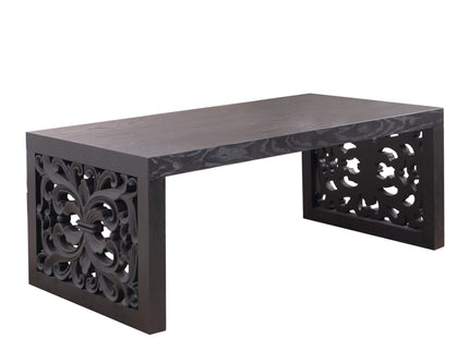 Rustic Carved Wood Coffee Table, Handcrafted Look With Ornate Side Panels