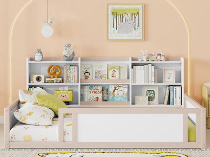 Platform Floor Bed With Guardrail Fence And Side Storage Shelves