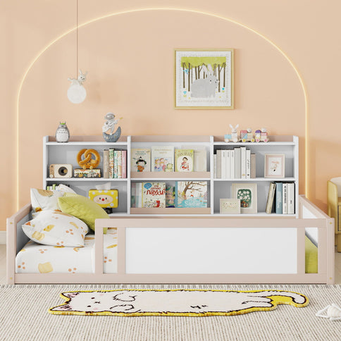Platform Floor Bed With Guardrail Fence And Side Storage Shelves