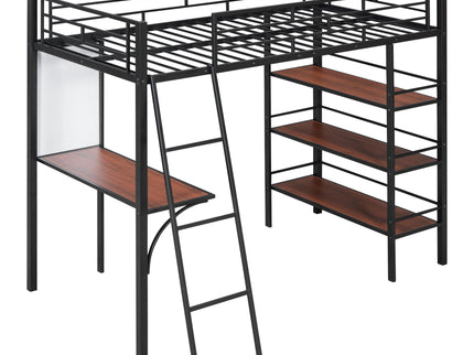 Loft Metal Bed With 3 Layers Of Shelves And Desk, Stylish Metal Frame Bed With board
