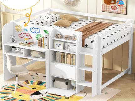 Low Loft Bed With Built In Desk, Storage Cabinets, Open Bookcase And Doodle board