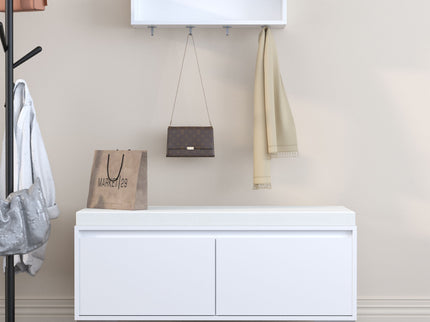 Wall Mounted Entryway Shelf With Hooks And Storage Bench Set - Off White