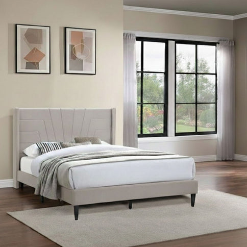 Eastern King Size Platform Bed, Upholstered Headboard - Light Brown