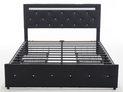 Upholstered Bed Frame With LED Lights, 4 Storage Drawers, Charging Station