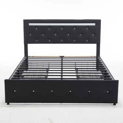 Upholstered Bed Frame With LED Lights, 4 Storage Drawers, Charging Station