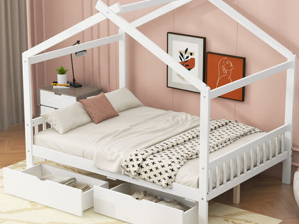 House Style Platform Bed With Headboard, Footboard, 2 Drawers, And Roof Design