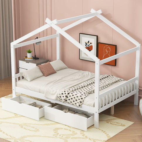 House Style Platform Bed With Headboard, Footboard, 2 Drawers, And Roof Design