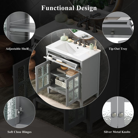 Bathroom Vanity With Ceramic Sink, Adjustable Shelf & Tip Out Tray