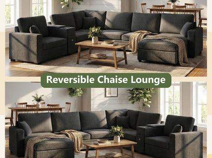 Modular 5 Seat U-Shape Sectional Sofa With Chaise Lounge, Built In Cup Holders And Storage Drawer