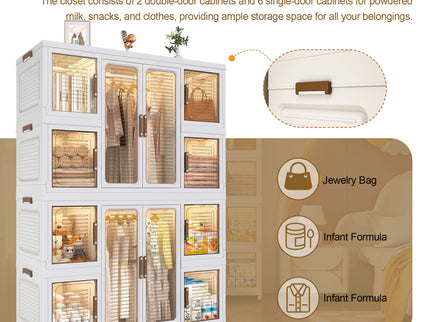Portable Wardrobe Closet Storage Organizer For Clothes With Magnetic Doors, 12 Cubes & 2 Hanging Rods - White
