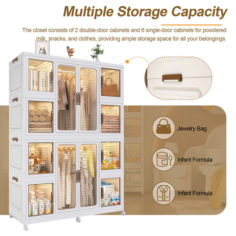 Portable Wardrobe Closet Storage Organizer For Clothes With Magnetic Doors, 12 Cubes & 2 Hanging Rods - White