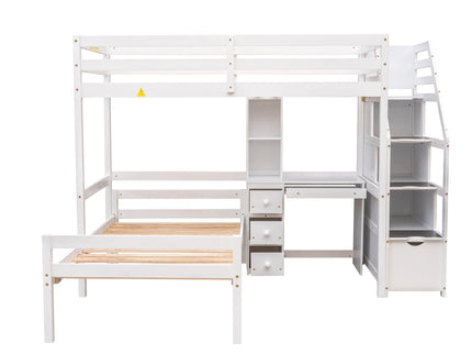 Loft Bed With Stand Alone Bed, Storage Staircase, Desk, Shelves, And Drawers