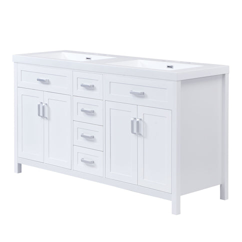 59.1" Minimalist Double Sink Bathroom Vanity With Top, Soft Close Doors & Drawers - White