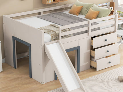 Modern Low Loft Bed With Slide, 3 Storage Drawers, And 2 Doors