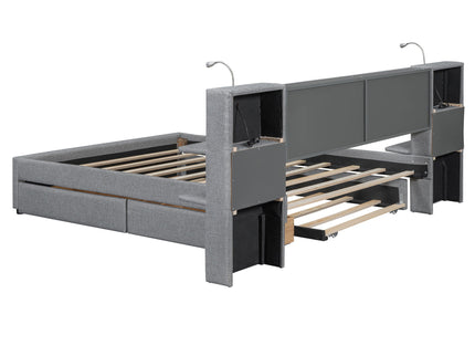 Upholstered Platform Bed With Reading Lights, Drawers, Trundle And Shelves